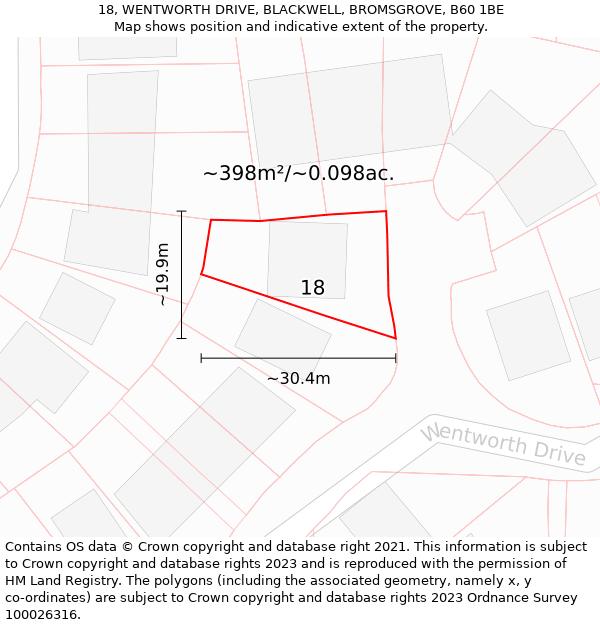 18, WENTWORTH DRIVE, BLACKWELL, BROMSGROVE, B60 1BE: Plot and title map