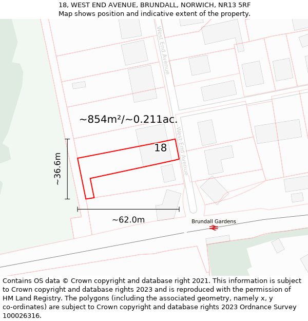 18, WEST END AVENUE, BRUNDALL, NORWICH, NR13 5RF: Plot and title map