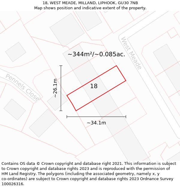 18, WEST MEADE, MILLAND, LIPHOOK, GU30 7NB: Plot and title map