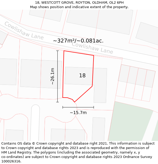 18, WESTCOTT GROVE, ROYTON, OLDHAM, OL2 6PH: Plot and title map