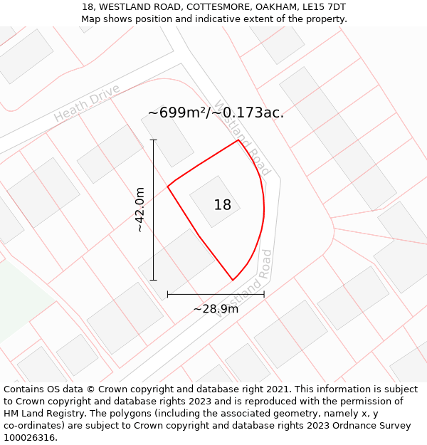 18, WESTLAND ROAD, COTTESMORE, OAKHAM, LE15 7DT: Plot and title map