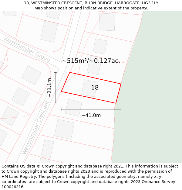 18, WESTMINSTER CRESCENT, BURN BRIDGE, HARROGATE, HG3 1LY: Plot and title map