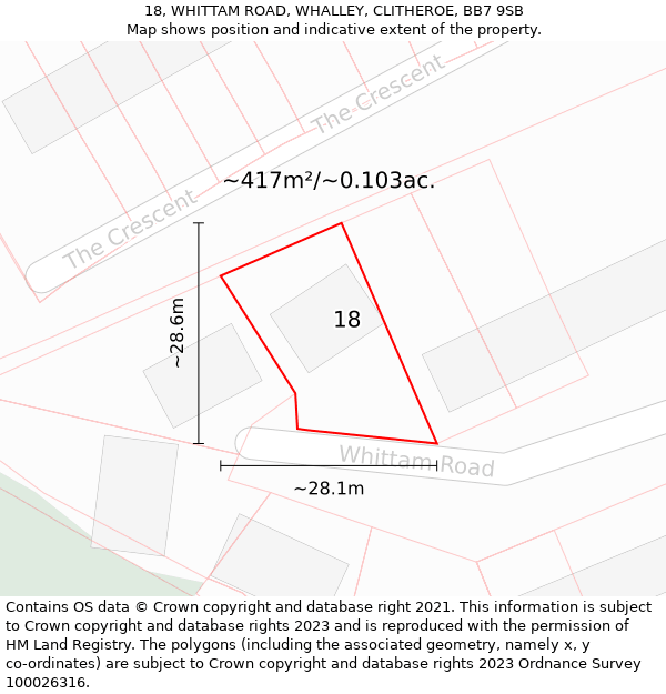 18, WHITTAM ROAD, WHALLEY, CLITHEROE, BB7 9SB: Plot and title map