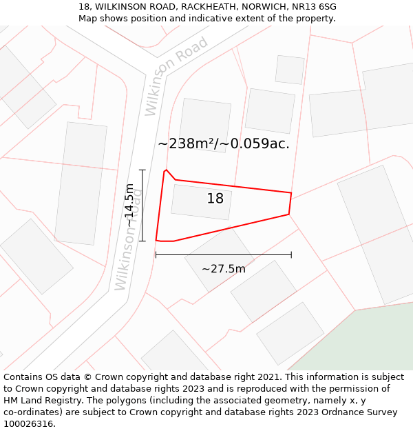 18, WILKINSON ROAD, RACKHEATH, NORWICH, NR13 6SG: Plot and title map