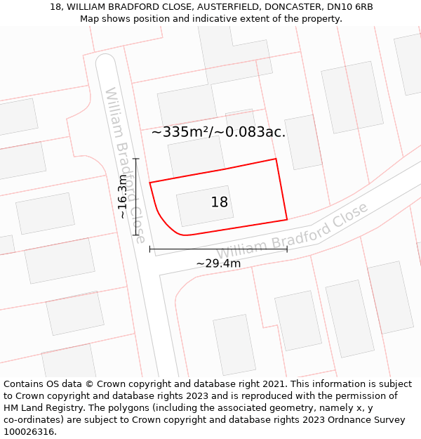 18, WILLIAM BRADFORD CLOSE, AUSTERFIELD, DONCASTER, DN10 6RB: Plot and title map