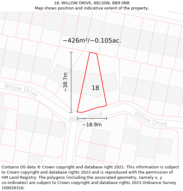 18, WILLOW DRIVE, NELSON, BB9 0NB: Plot and title map