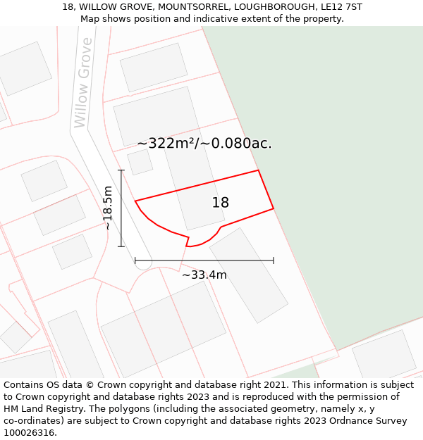 18, WILLOW GROVE, MOUNTSORREL, LOUGHBOROUGH, LE12 7ST: Plot and title map