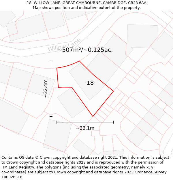 18, WILLOW LANE, GREAT CAMBOURNE, CAMBRIDGE, CB23 6AA: Plot and title map