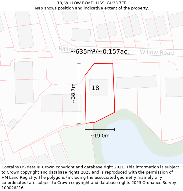 18, WILLOW ROAD, LISS, GU33 7EE: Plot and title map