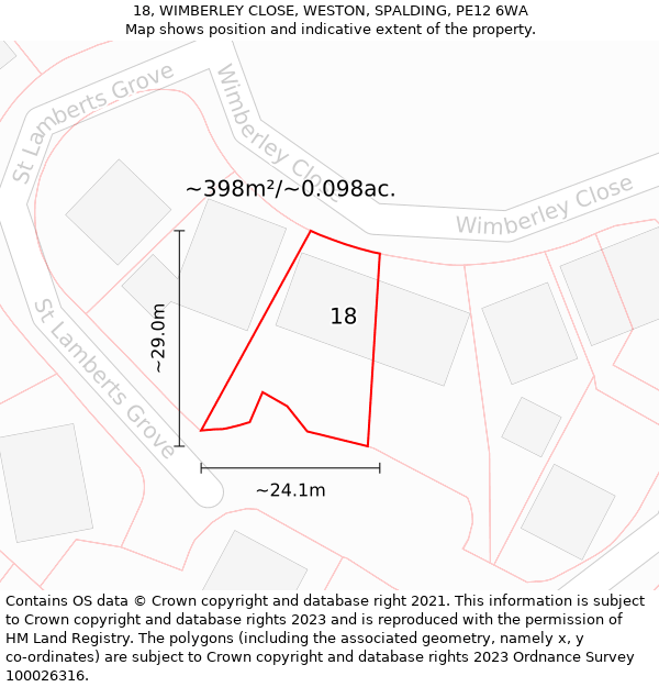 18, WIMBERLEY CLOSE, WESTON, SPALDING, PE12 6WA: Plot and title map