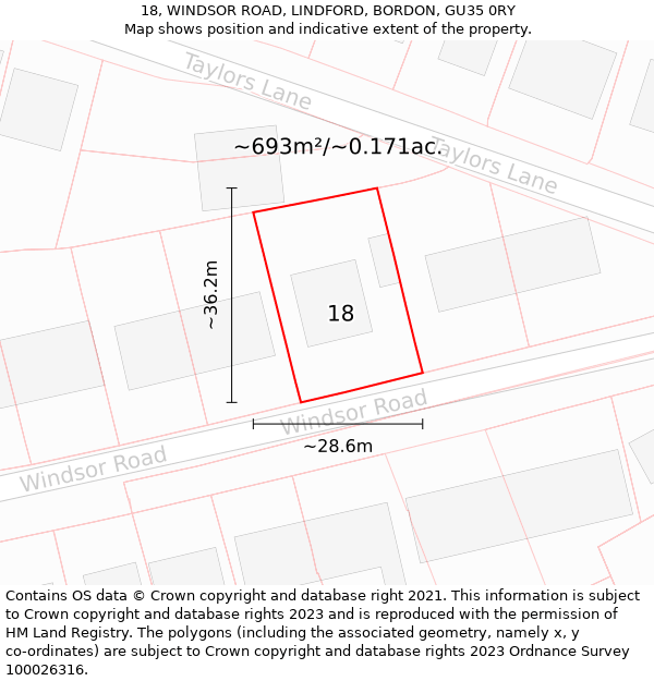 18, WINDSOR ROAD, LINDFORD, BORDON, GU35 0RY: Plot and title map