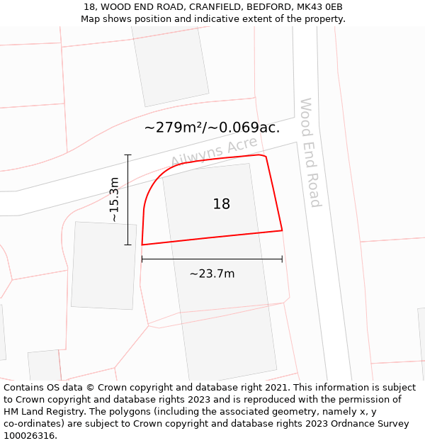 18, WOOD END ROAD, CRANFIELD, BEDFORD, MK43 0EB: Plot and title map