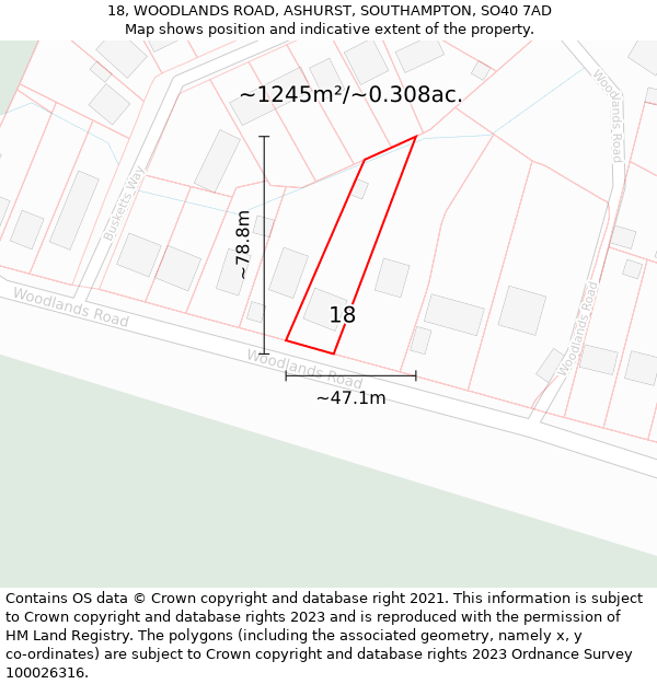 18, WOODLANDS ROAD, ASHURST, SOUTHAMPTON, SO40 7AD: Plot and title map