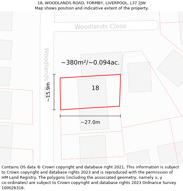 18, WOODLANDS ROAD, FORMBY, LIVERPOOL, L37 2JW: Plot and title map