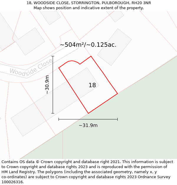 18, WOODSIDE CLOSE, STORRINGTON, PULBOROUGH, RH20 3NR: Plot and title map