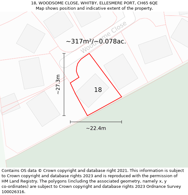 18, WOODSOME CLOSE, WHITBY, ELLESMERE PORT, CH65 6QE: Plot and title map