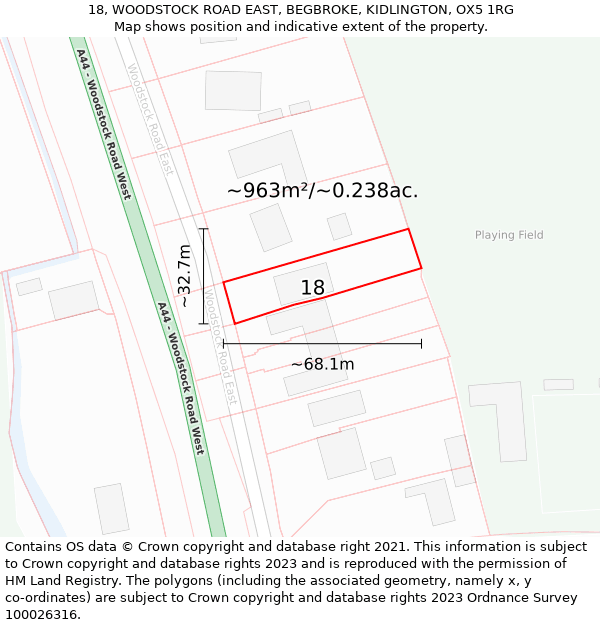 18, WOODSTOCK ROAD EAST, BEGBROKE, KIDLINGTON, OX5 1RG: Plot and title map