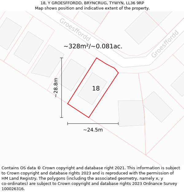 18, Y GROESFFORDD, BRYNCRUG, TYWYN, LL36 9RP: Plot and title map