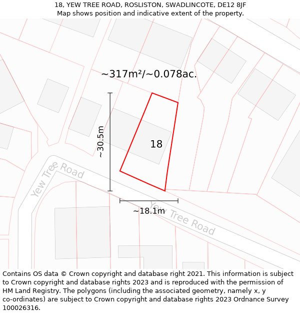 18, YEW TREE ROAD, ROSLISTON, SWADLINCOTE, DE12 8JF: Plot and title map