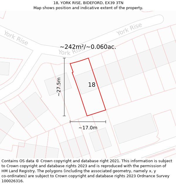 18, YORK RISE, BIDEFORD, EX39 3TN: Plot and title map