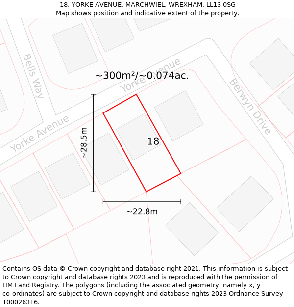 18, YORKE AVENUE, MARCHWIEL, WREXHAM, LL13 0SG: Plot and title map