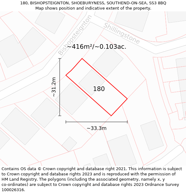 180, BISHOPSTEIGNTON, SHOEBURYNESS, SOUTHEND-ON-SEA, SS3 8BQ: Plot and title map