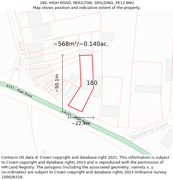 180, HIGH ROAD, MOULTON, SPALDING, PE12 6NU: Plot and title map