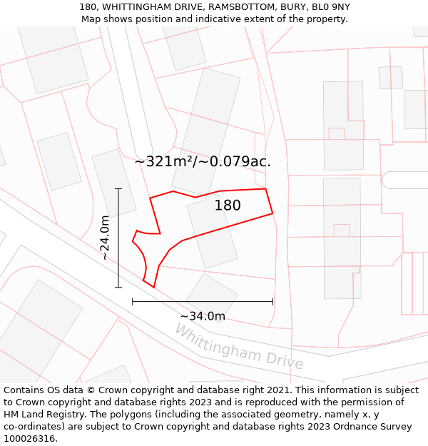 180, WHITTINGHAM DRIVE, RAMSBOTTOM, BURY, BL0 9NY: Plot and title map