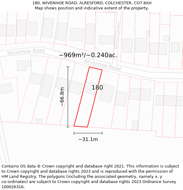 180, WIVENHOE ROAD, ALRESFORD, COLCHESTER, CO7 8AH: Plot and title map