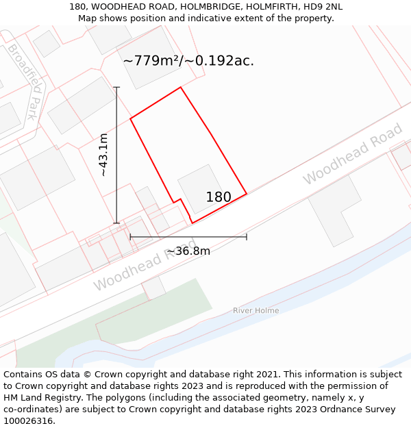 180, WOODHEAD ROAD, HOLMBRIDGE, HOLMFIRTH, HD9 2NL: Plot and title map