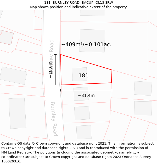 181, BURNLEY ROAD, BACUP, OL13 8RW: Plot and title map