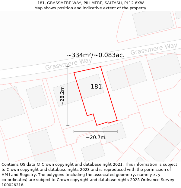 181, GRASSMERE WAY, PILLMERE, SALTASH, PL12 6XW: Plot and title map