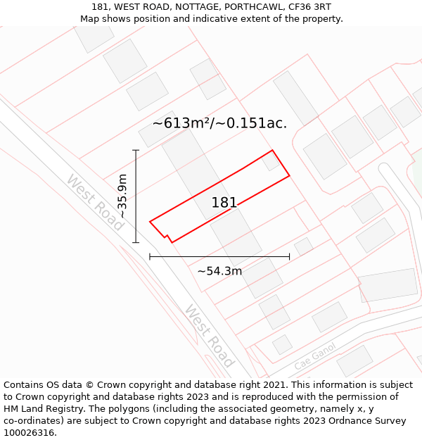 181, WEST ROAD, NOTTAGE, PORTHCAWL, CF36 3RT: Plot and title map