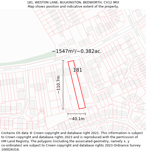 181, WESTON LANE, BULKINGTON, BEDWORTH, CV12 9RX: Plot and title map