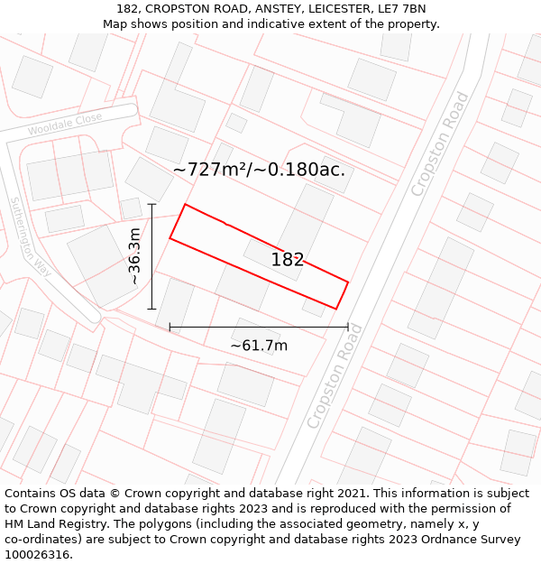 182, CROPSTON ROAD, ANSTEY, LEICESTER, LE7 7BN: Plot and title map