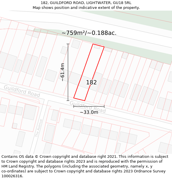 182, GUILDFORD ROAD, LIGHTWATER, GU18 5RL: Plot and title map