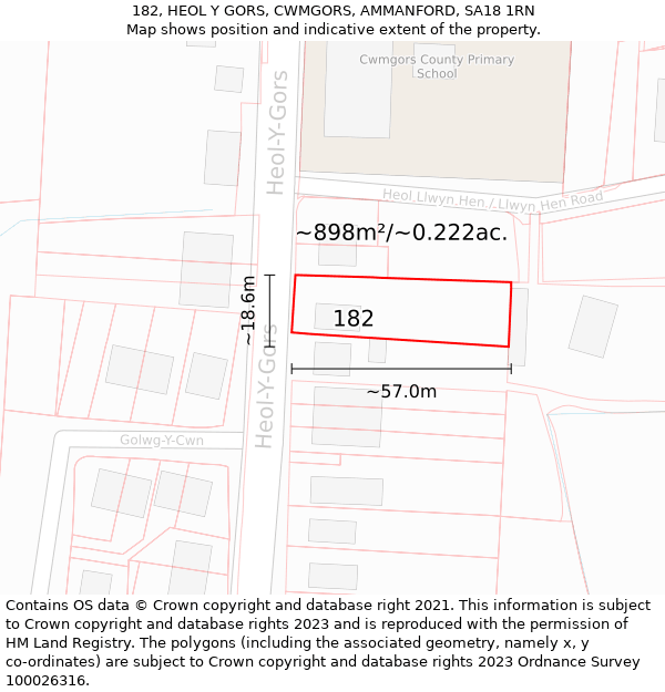 182, HEOL Y GORS, CWMGORS, AMMANFORD, SA18 1RN: Plot and title map