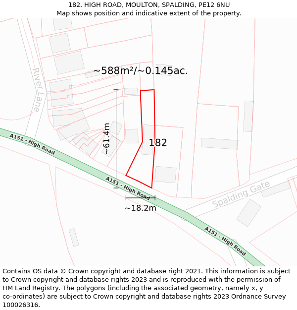 182, HIGH ROAD, MOULTON, SPALDING, PE12 6NU: Plot and title map