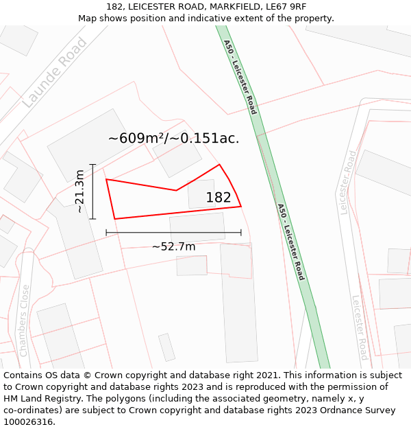 182, LEICESTER ROAD, MARKFIELD, LE67 9RF: Plot and title map