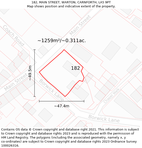 182, MAIN STREET, WARTON, CARNFORTH, LA5 9PT: Plot and title map