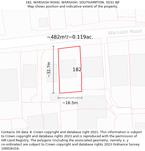 182, WARSASH ROAD, WARSASH, SOUTHAMPTON, SO31 9JF: Plot and title map