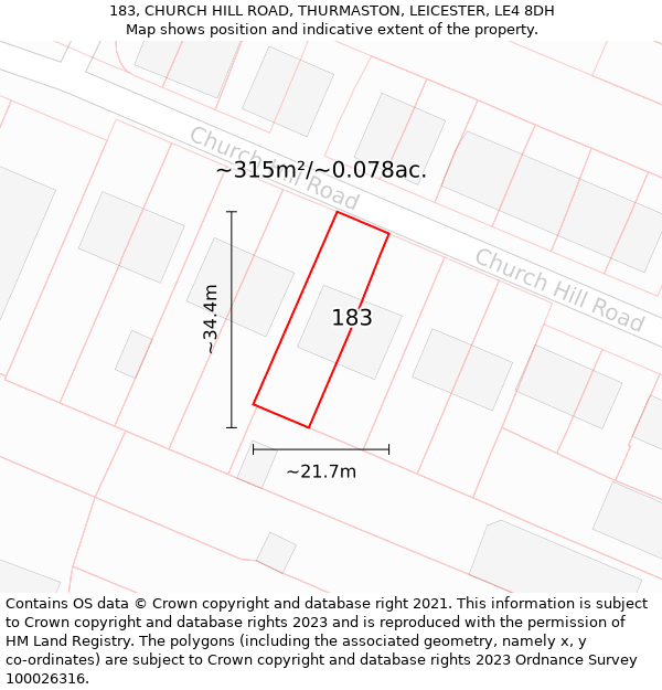 183, CHURCH HILL ROAD, THURMASTON, LEICESTER, LE4 8DH: Plot and title map