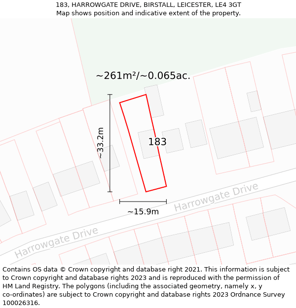 183, HARROWGATE DRIVE, BIRSTALL, LEICESTER, LE4 3GT: Plot and title map