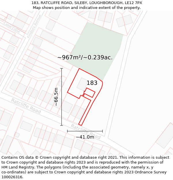 183, RATCLIFFE ROAD, SILEBY, LOUGHBOROUGH, LE12 7PX: Plot and title map