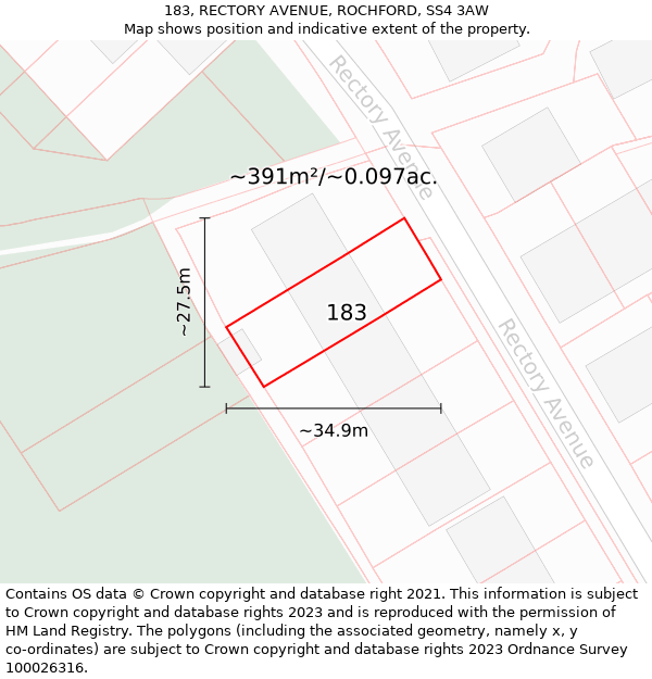 183, RECTORY AVENUE, ROCHFORD, SS4 3AW: Plot and title map