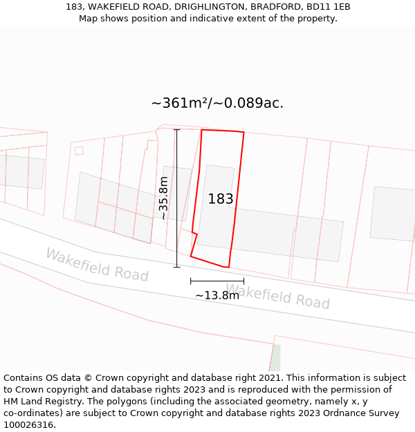 183, WAKEFIELD ROAD, DRIGHLINGTON, BRADFORD, BD11 1EB: Plot and title map