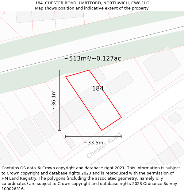 184, CHESTER ROAD, HARTFORD, NORTHWICH, CW8 1LG: Plot and title map