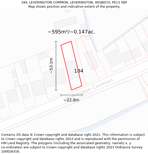 184, LEVERINGTON COMMON, LEVERINGTON, WISBECH, PE13 5BP: Plot and title map