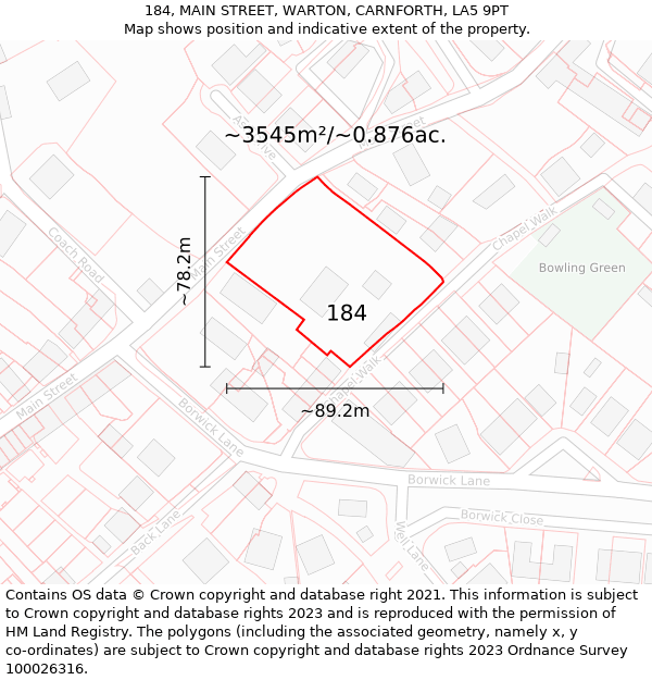 184, MAIN STREET, WARTON, CARNFORTH, LA5 9PT: Plot and title map