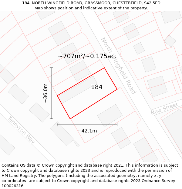 184, NORTH WINGFIELD ROAD, GRASSMOOR, CHESTERFIELD, S42 5ED: Plot and title map